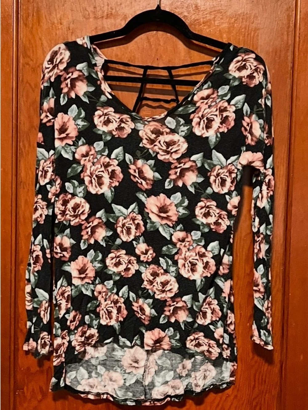 Pins & Needles Black Long-Sleeve Floral Scoop Neck Top with Strappy Back